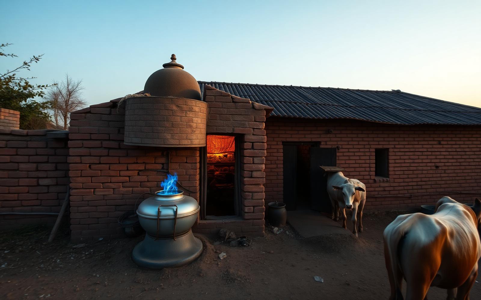Household biogas plant with cattle in rural India