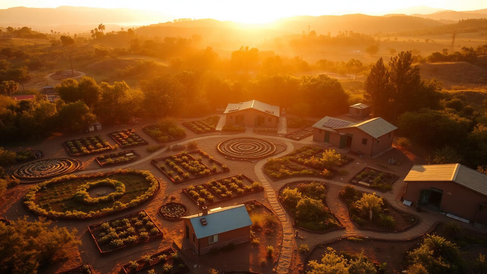 Aerial view of a regenerative community ecosystem at golden hour
