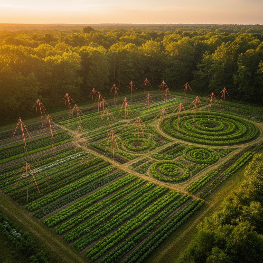 Aerial view of an organic farm with electroculture antenna installations