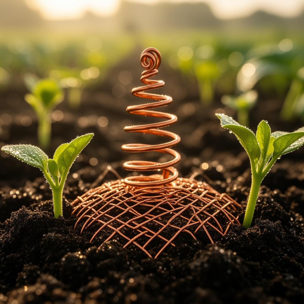 Close-up of copper and brass electroculture antennas in fertile soil