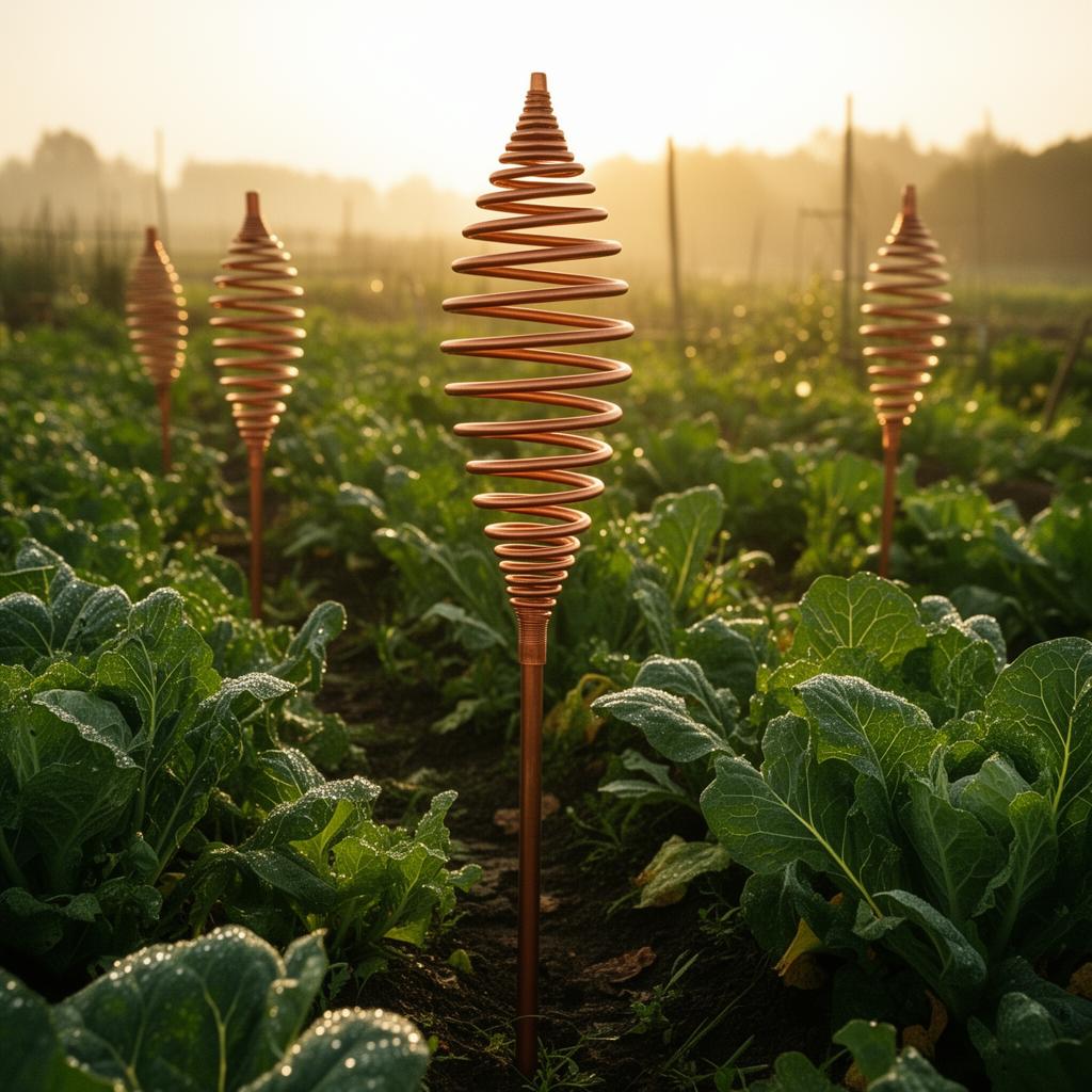 Copper coil electroculture antennas standing in a lush farm field