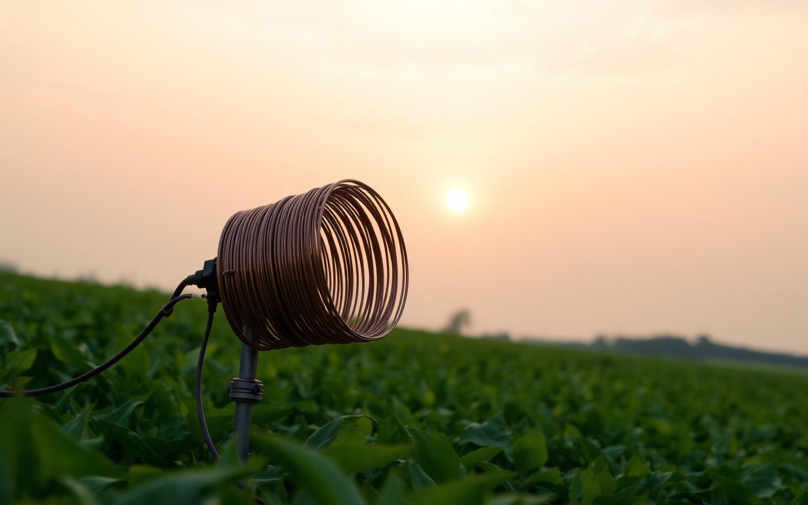 Copper antenna coil in a green farm field at sunset