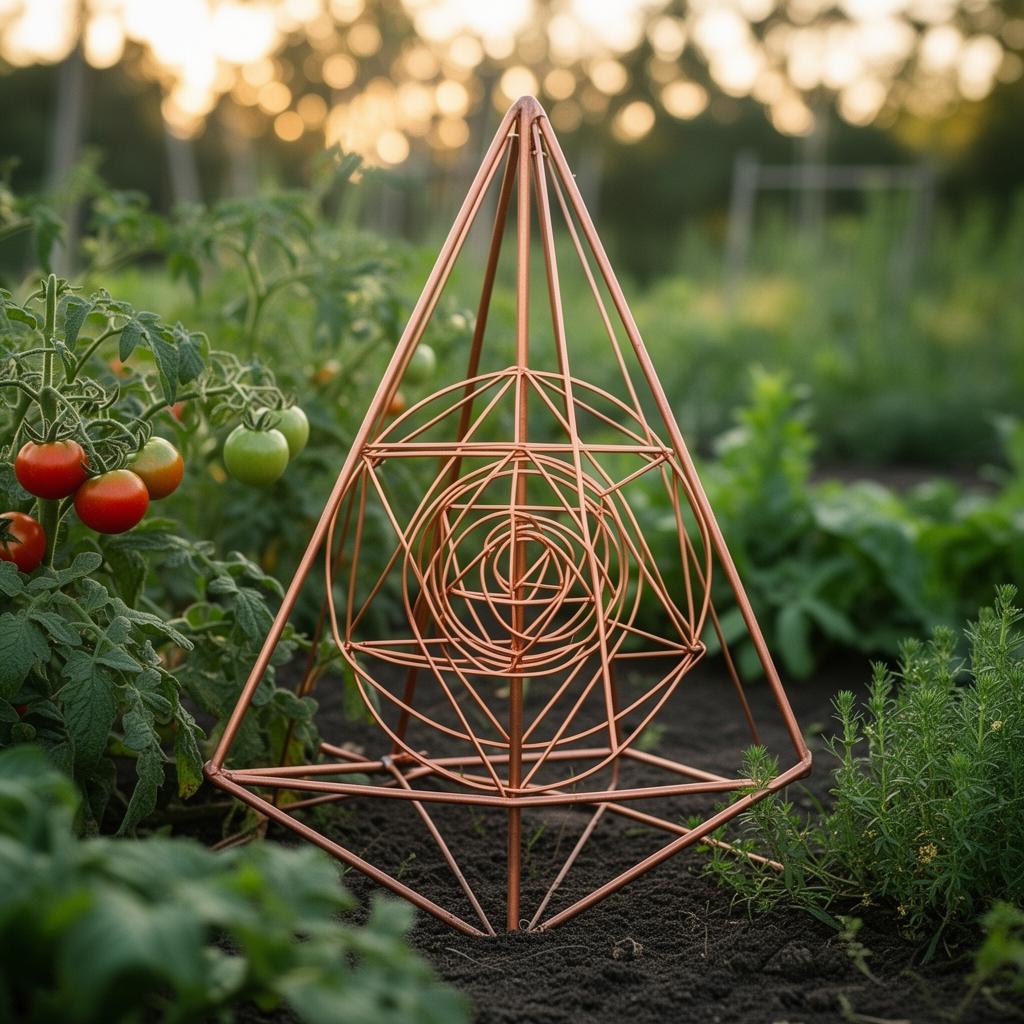 Sacred geometry pyramid-shaped copper electroculture antenna in a vegetable garden