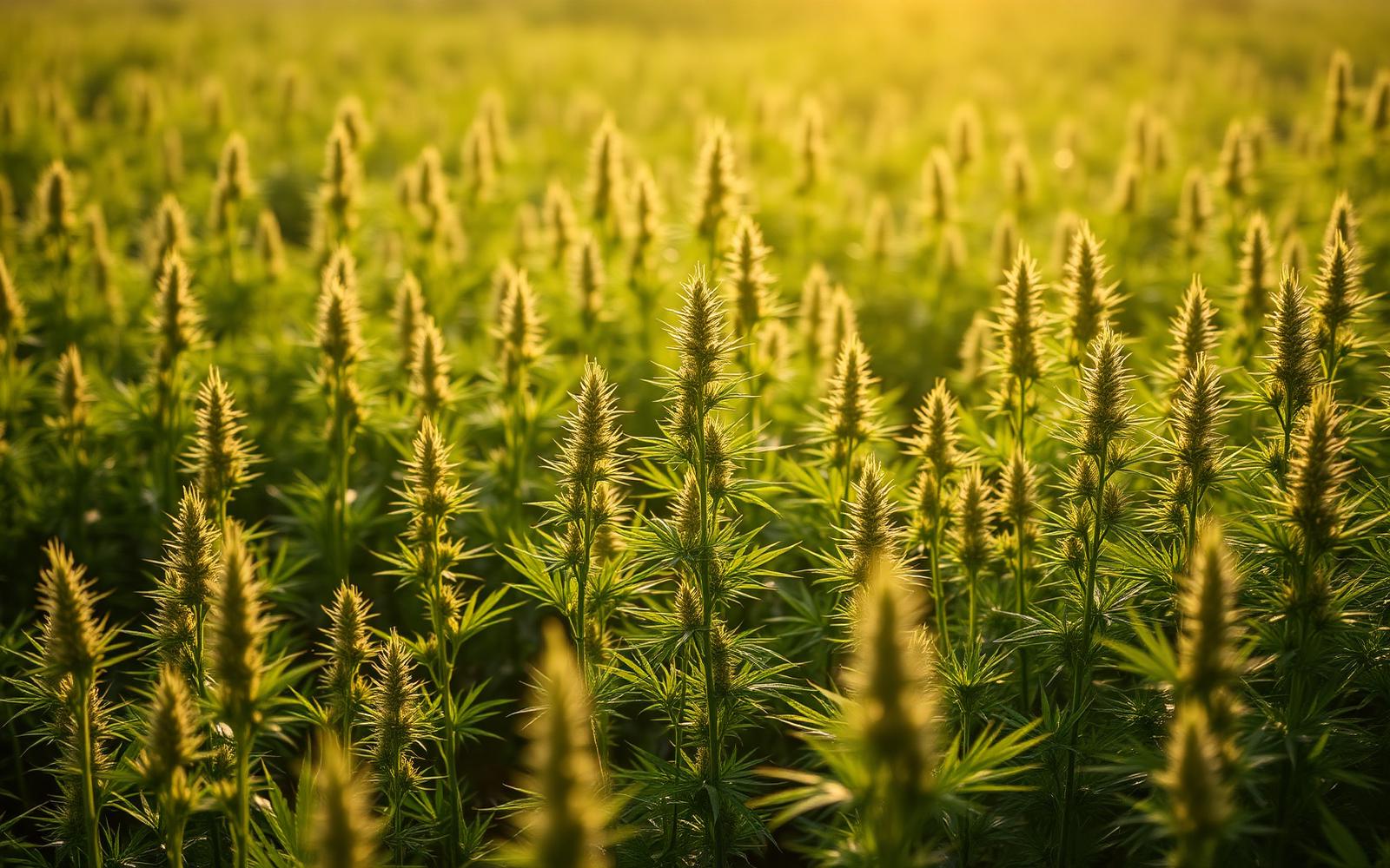 Lush green hemp plants at golden hour