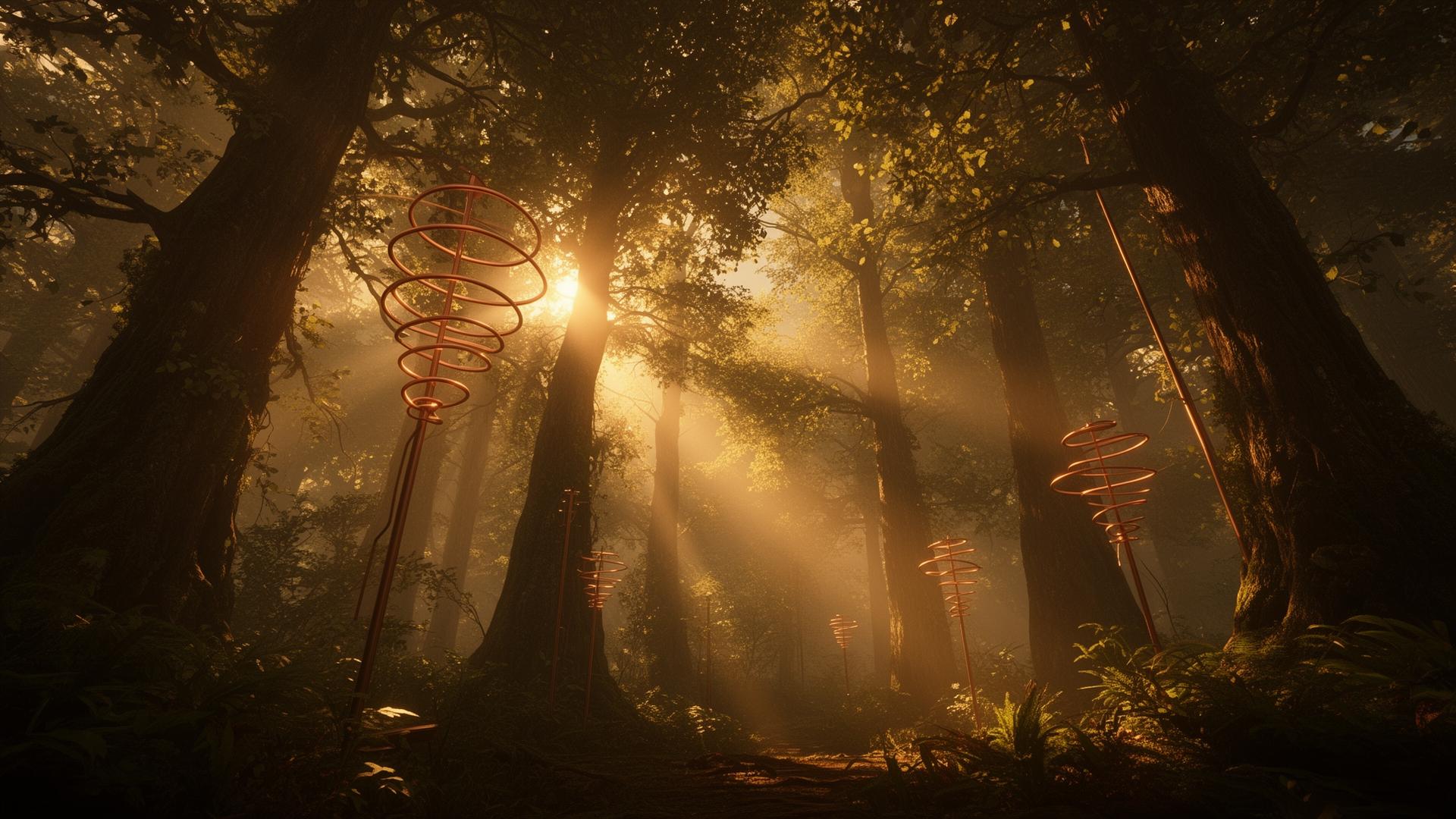 Sunlight piercing an ancient forest with copper antennas